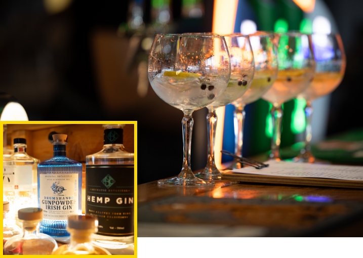 Prepared Gin and Tonics in a row at The Gintrap Restaurant & Bar.